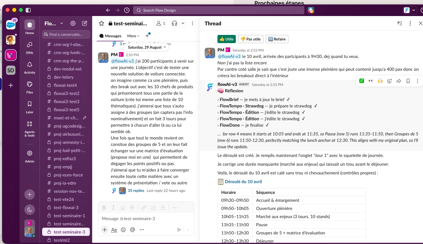 Le brief du séminaire orchestré dans Slack par l'agent flowAI, sur un channel de test.