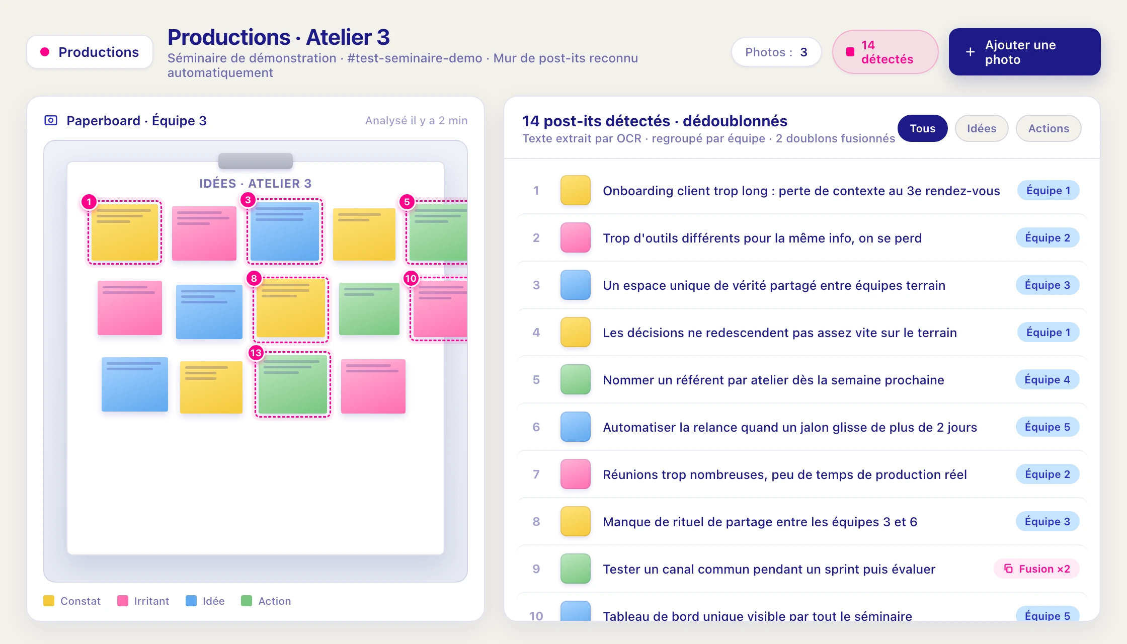 L'onglet Productions : un mur de post-its reconnu post-it par post-it avec le texte extrait.