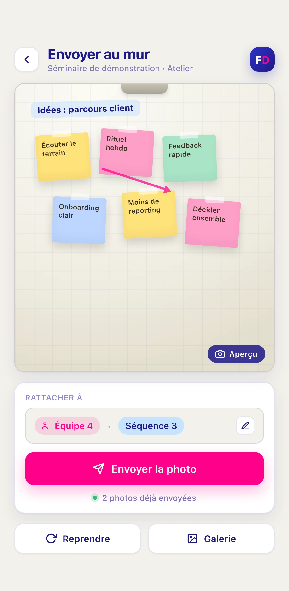 Vue participant sur mobile : envoi d'une photo depuis l'atelier.
