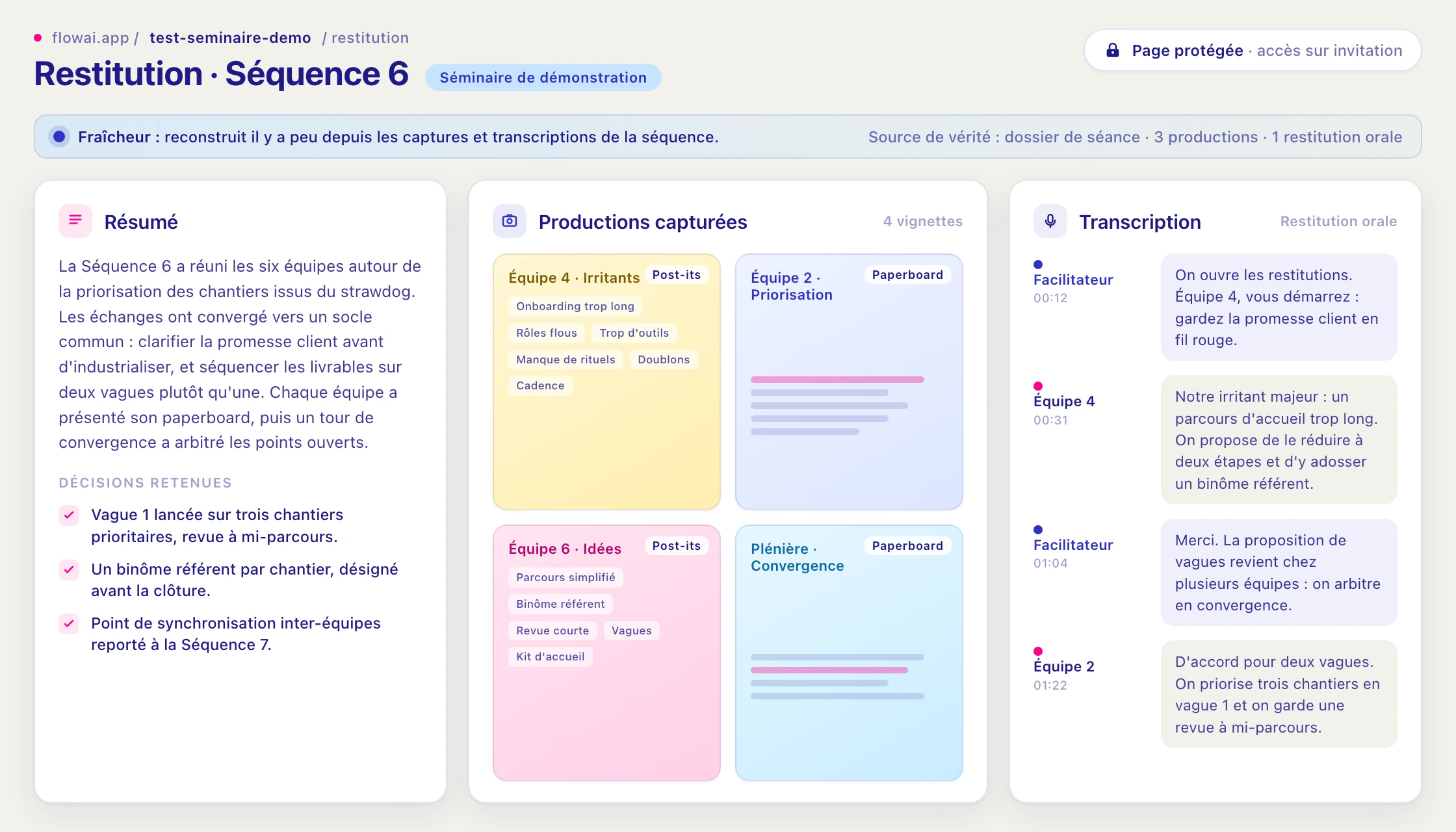 La page de restitution d'une séquence : captures, transcriptions et résumé.