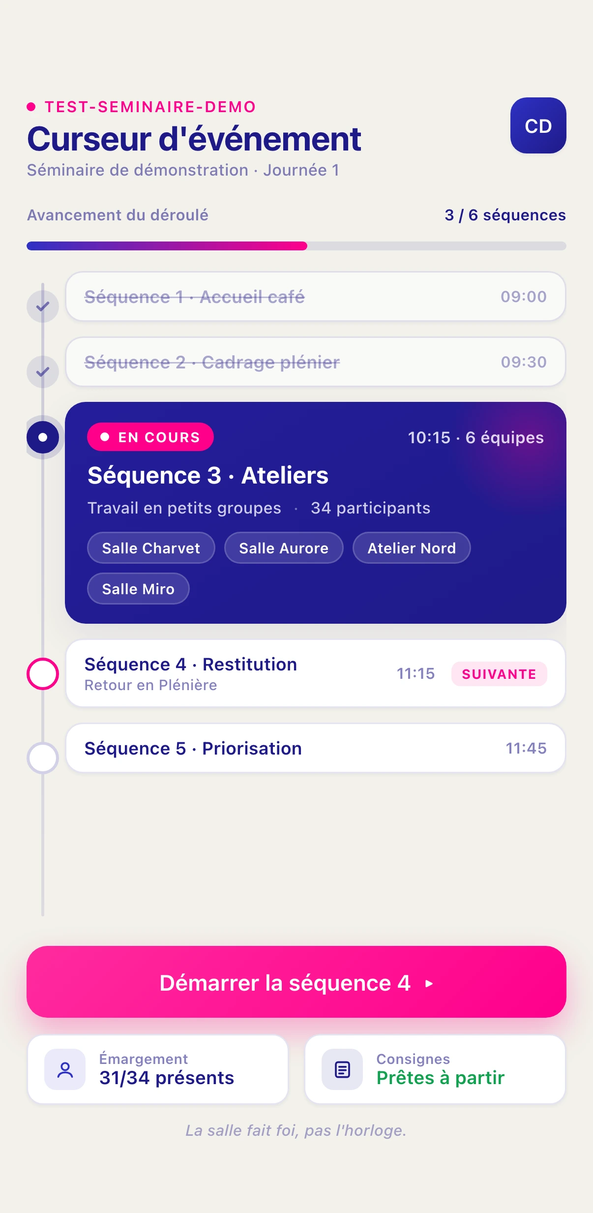 Vue facilitateur sur mobile : avancer le curseur d'événement.
