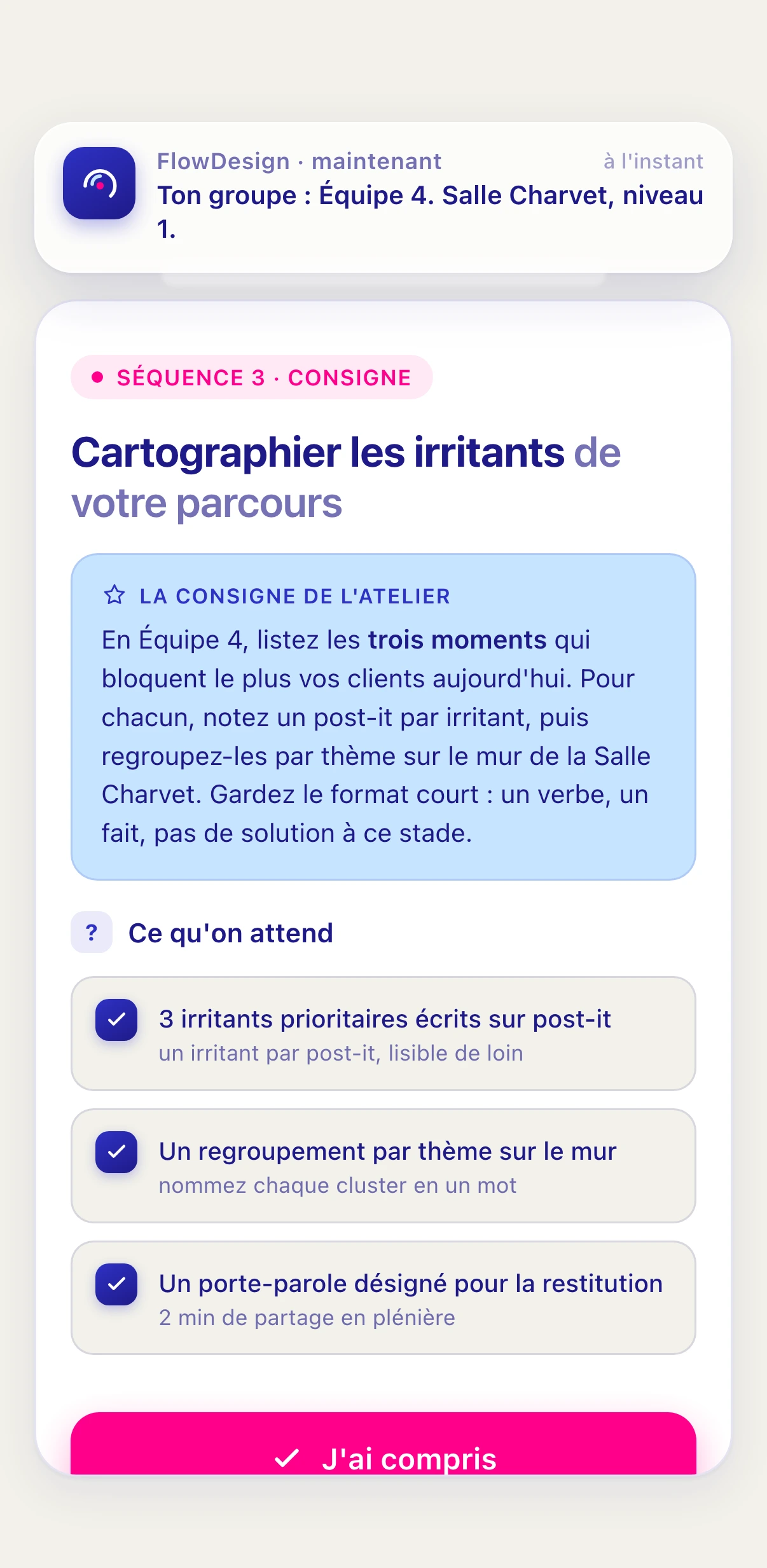 Vue participant sur mobile : une consigne reçue en notification.